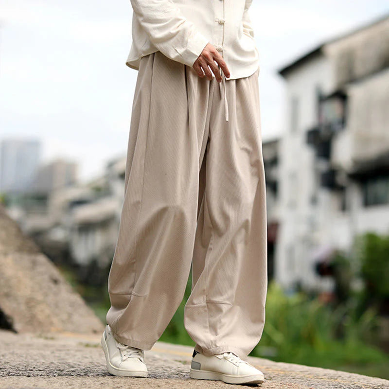 Buddha Stones Fall Solid Elastic Waist Drawstring Men's Harem Pants With Pockets