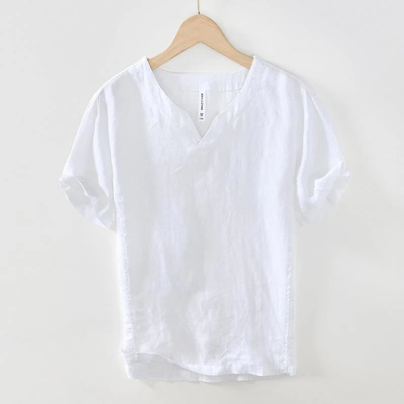 Buddha Stones Casual Plain V-neck Short Sleeve Linen Men's Shirt