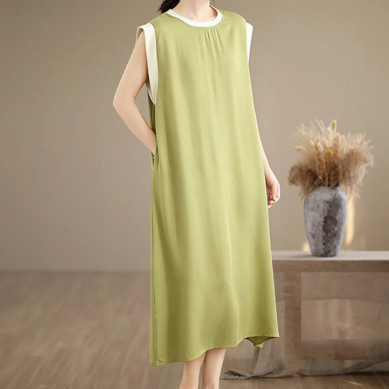 Buddha Stones Pure Color Slit Design Sleeveless Cotton Midi Dress With Pockets