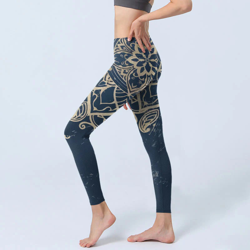 Buddha Stones Retro Mandala Pattern Print Gym Leggings Women's Yoga Pants