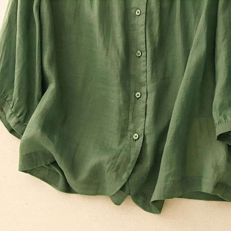 Buddha Stones Plain Button Crew Neck Design Women's Blend Three Quarter Sleeve Shirt