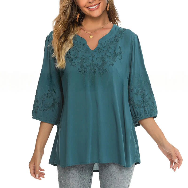 Buddha Stones Casual Solid Color Embroidery Flower Three Quarter Sleeve V-Neck Women's T-Shirt