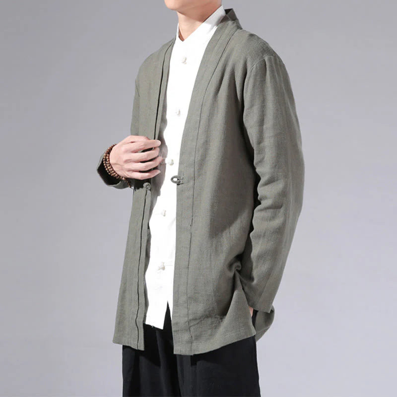 Buddha Stones Plain Simple Design Open Front Cotton Linen Men's Long Sleeve Jacket Kimono