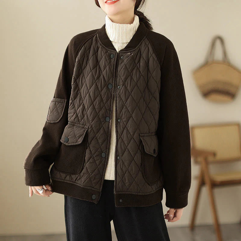 Buddha Stones Diamond Pattern Women's Long Sleeve Thickened Jacket With Pockets