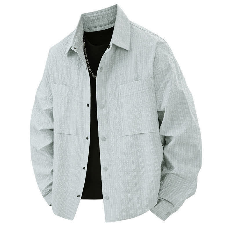 Buddha Stones Spring Solid Color Textured Long Sleeve Button Men's Lapel Shirts With Pocket