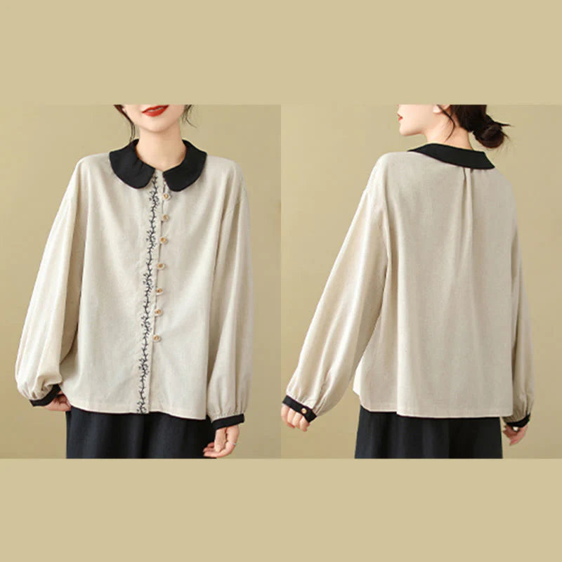 Buddha Stones Spring Embroidery Buttons Design Women's Cotton Peter Pan Collar Long Sleeve Shirt