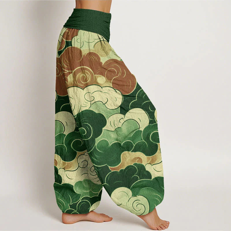 Buddha Stones Cotton Casual Auspicious Clouds Pattern Women's Elastic Waist Harem Pants