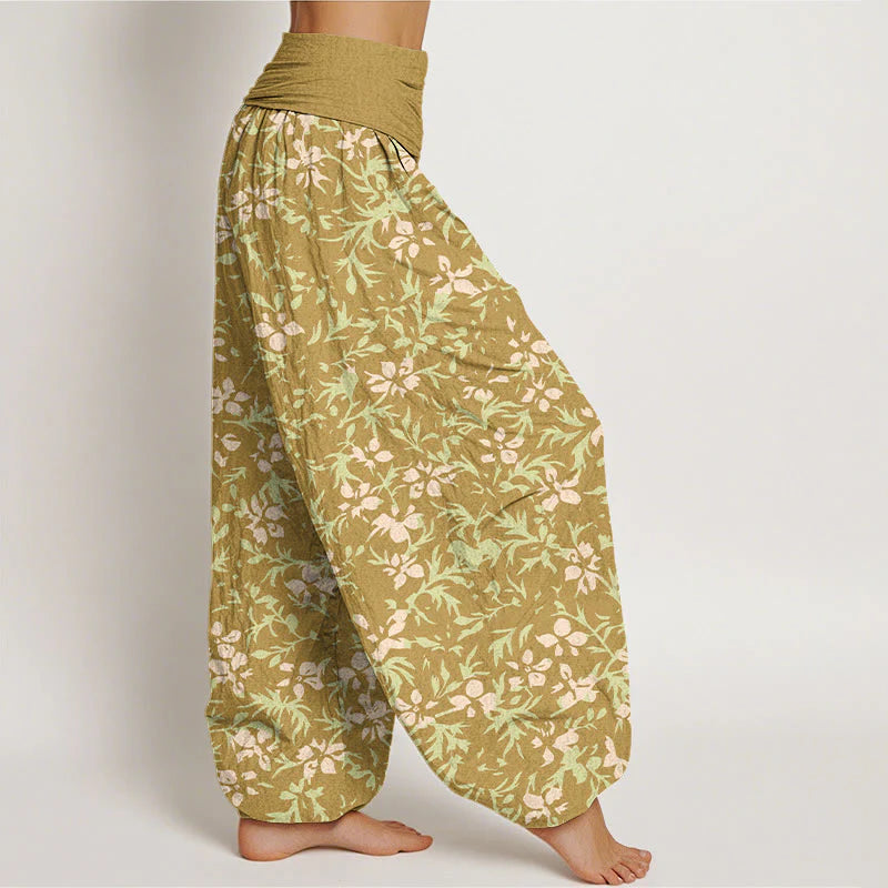 Buddha Stones Pure Cotton Abstract Flowers Leaves Pattern Women's Elastic Waist Harem Pants