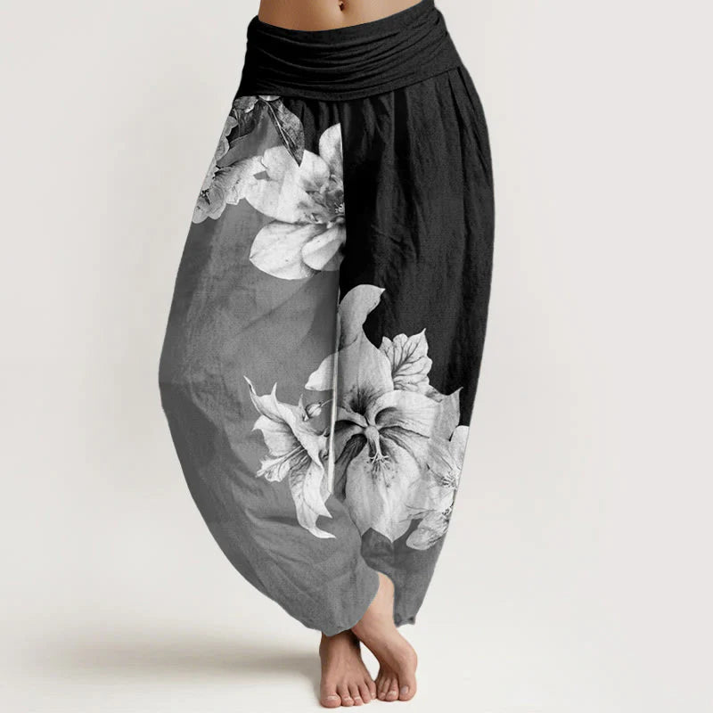 Buddha Stones Pure Cotton Camellia Pattern Women's Elastic Waist Harem Pants