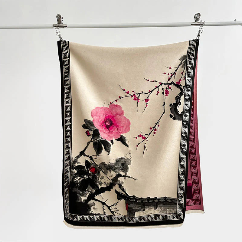 Buddha Stones Fall Plum Blossom Eaves Ink Painting Pattern Cozy Scarf Shawl