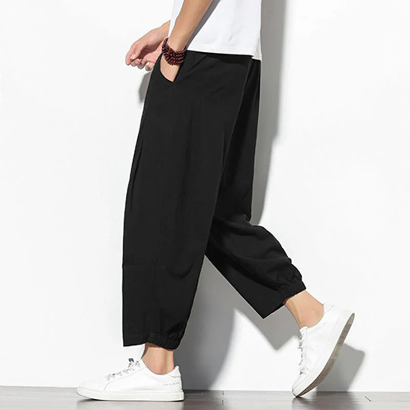 Buddha Stones Summer Men's 7-8 Length Cotton Linen Carrot Pants With Pockets