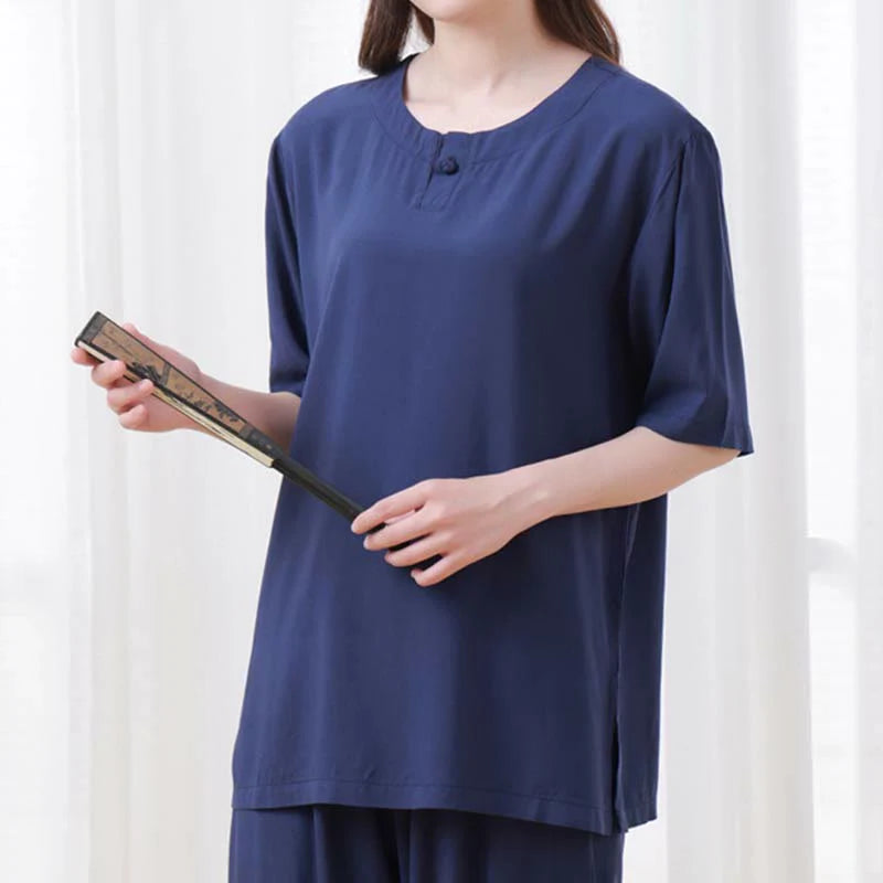 Buddha Stones 2pcs Plain Color Frog-Button Simple Design Crew Neck Design Half Sleeve Shirt Top Elastic Waist Pants Meditation Zen Tai Chi Cotton Clothing Women's Set