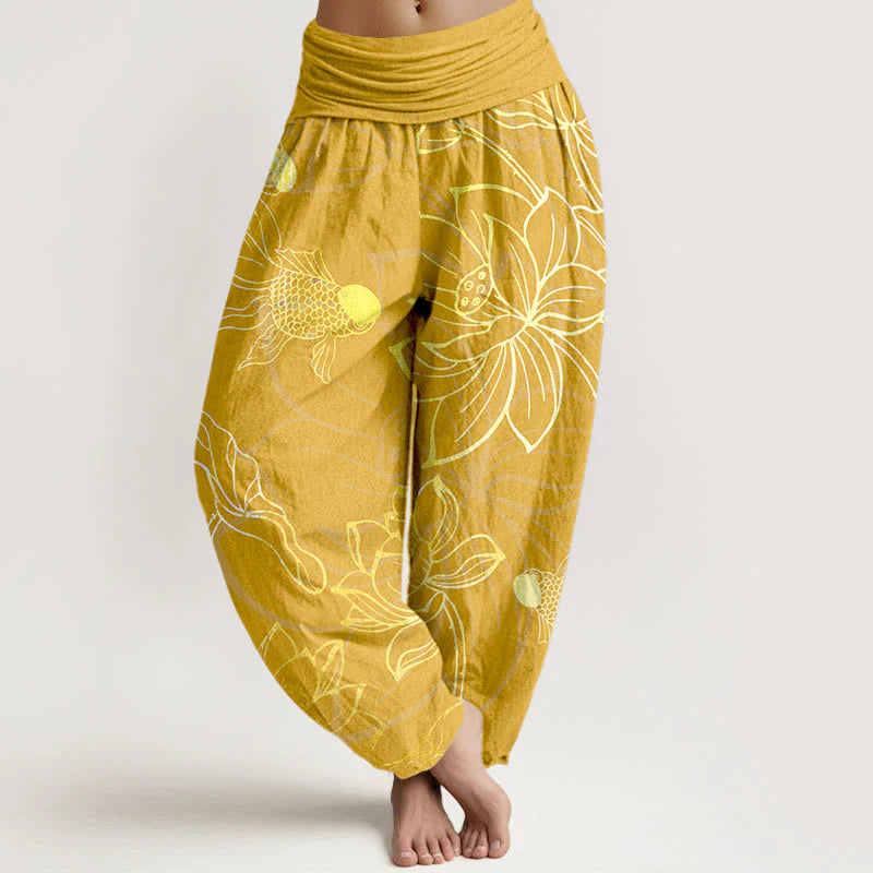 Buddha Stones Cotton Lotus Leaf Koi Fish Women's Elastic Waist Harem Pants