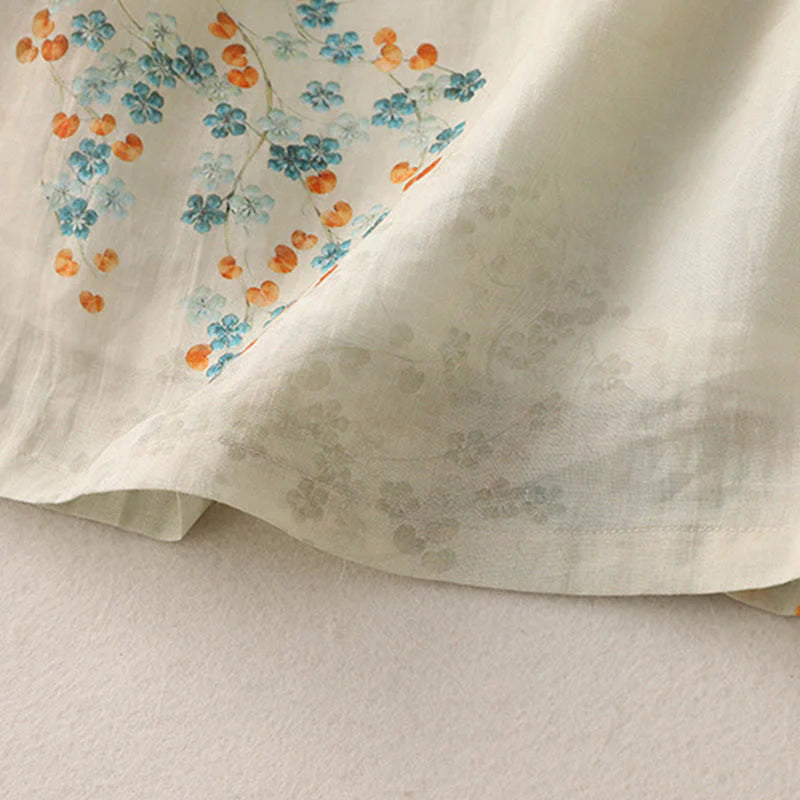 Buddha Stones Blue Flowers Orange Leaves Frog-Button Three Quarter Sleeve Cotton Linen Shirt