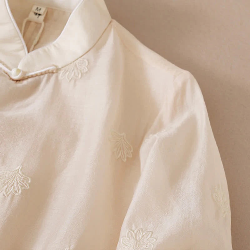 Buddha Stones Embroidery Flower Frog-Button Stand Collar Side Slit Short Sleeve Maxi Dress