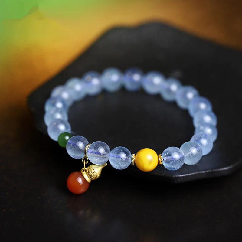 Buddha Stones Aquamarine Red Agate Peace Gourd Charm Bracelet
