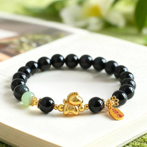 Buddha Stones Year Of The Horse Hetian Jade Black Obsidian Red Agate Strength Bracelet