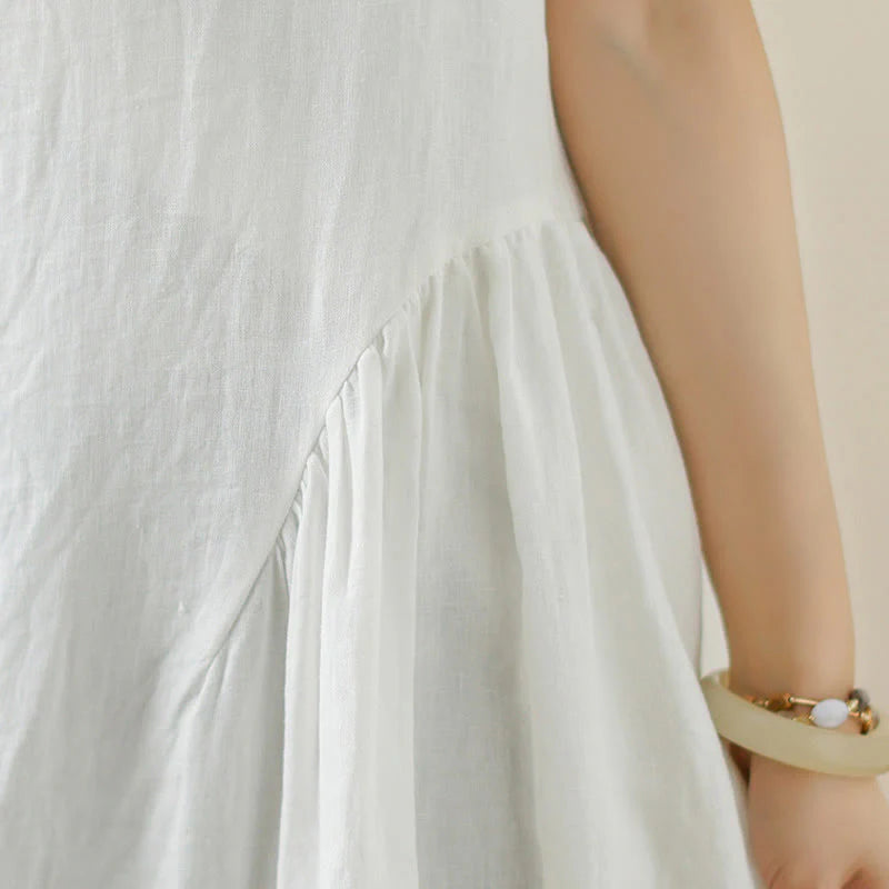 Buddha Stones FloralWhite Casual Back Buttons Design Sleeveless Cotton Midi Dress With Pockets