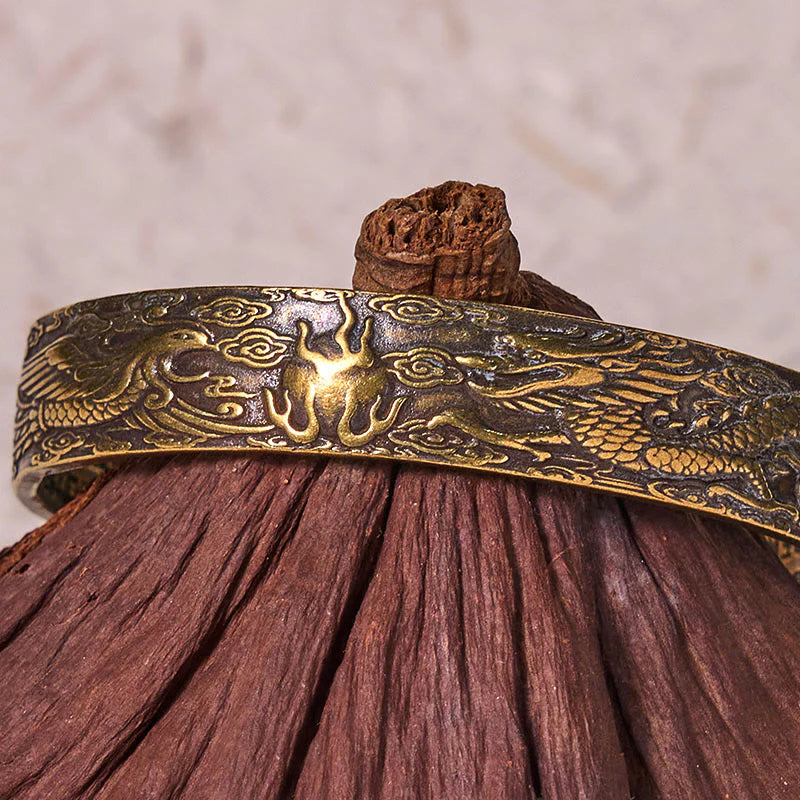 Buddha Stones Dragon And Phoenix Playing With A Pearl Heart Sutra Carved Copper Brass Luck Bracelet Bangle