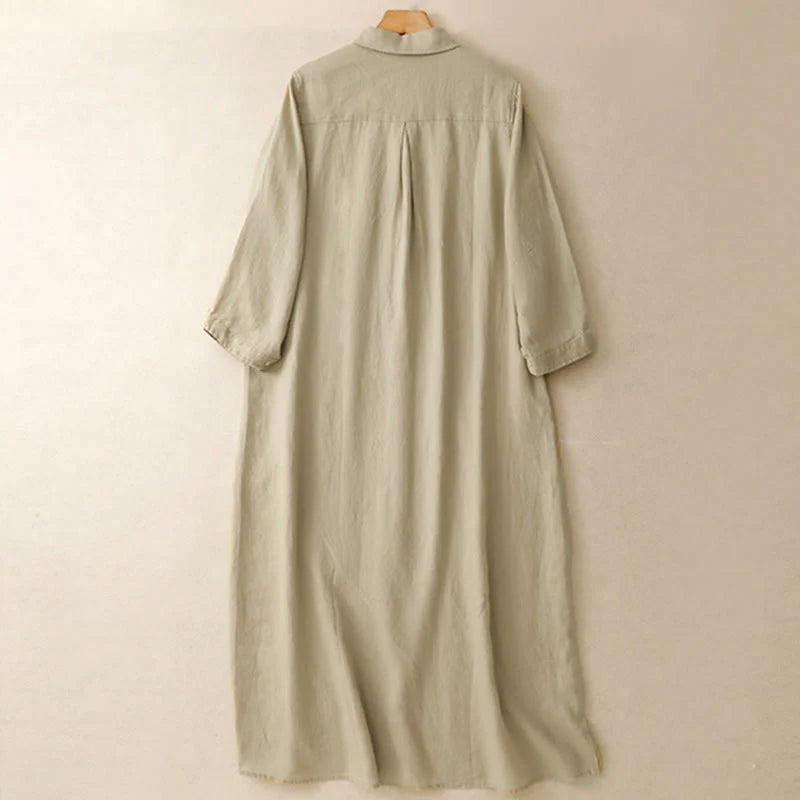 Buddha Stones Fall Commute Plain Buttons Design Long Sleeve Cotton Midi Dress With Pockets