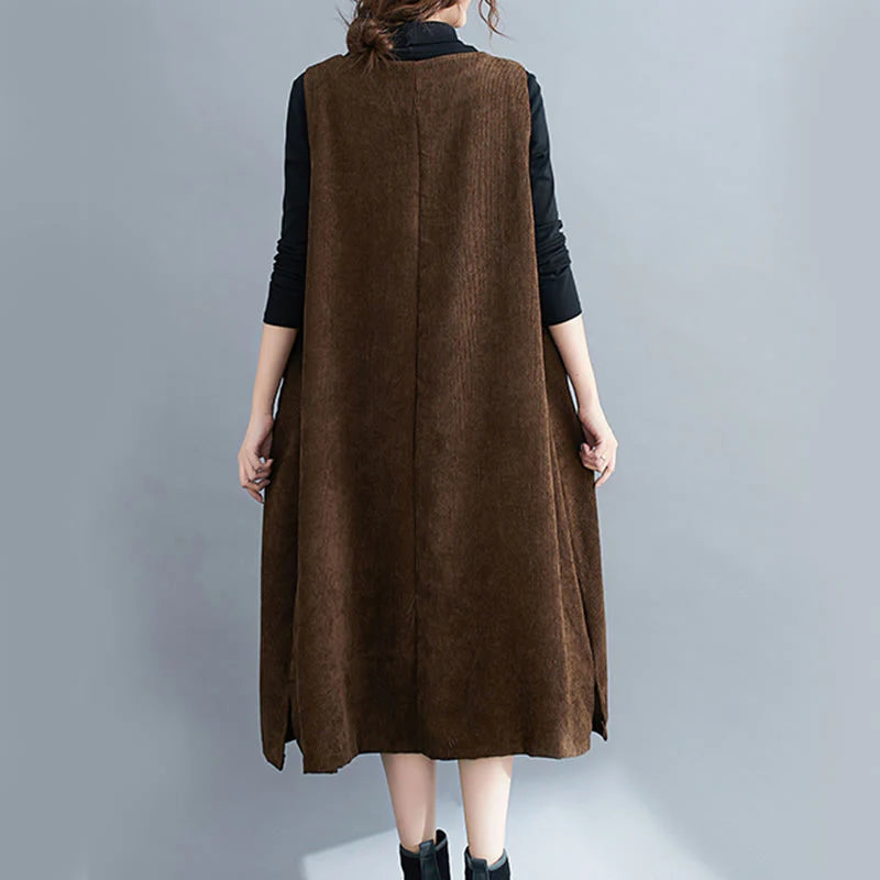 Buddha Stones Commute Crew Neck Women's Sleeveless Cotton Corduroy Midi Dress With Pockets