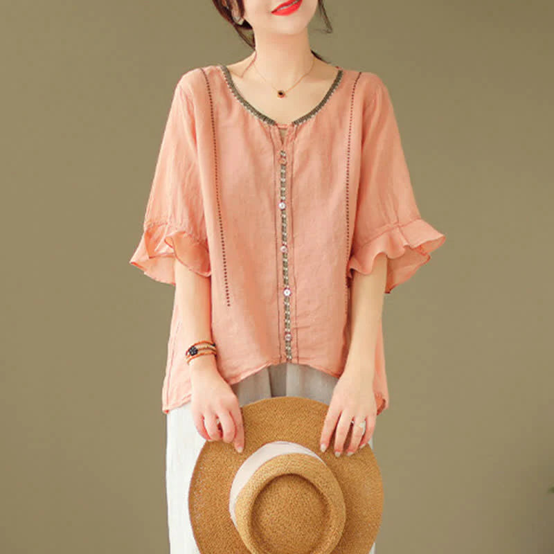 Buddha Stones Embroidery Buttons Crew Neck Flared Short Sleeve Women's Shirt