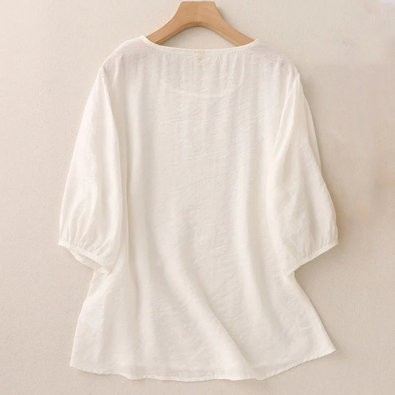 Buddha Stones Solid Color Frog-Button Design Puff Short Sleeve Women's T-Shirt