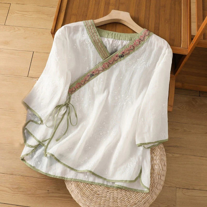 Buddha Stones Summer Vintage Embroidery Plant Floral Lace-Up Design V-Neck Women's Cotton Linen Shirt