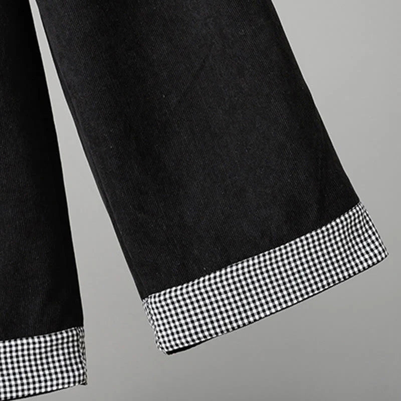 Buddha Stones Plain Elastic Waist Patchwork Plaid Women's Ankle-Length Wide Leg Corduroy Pants