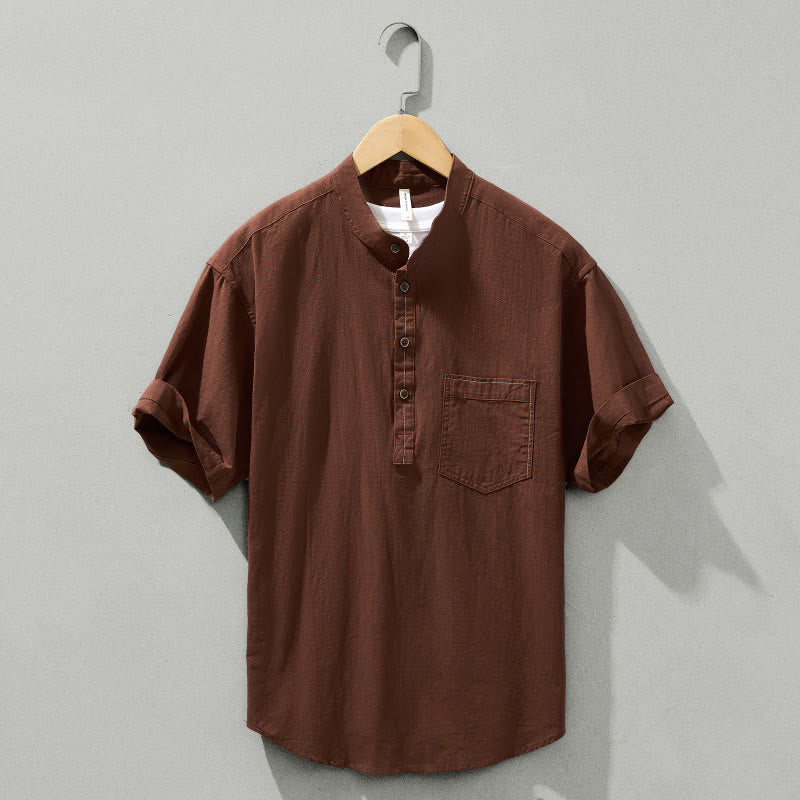 Buddha Stones Summer Solid Men's Half Button Short Sleeve Cotton Shirt