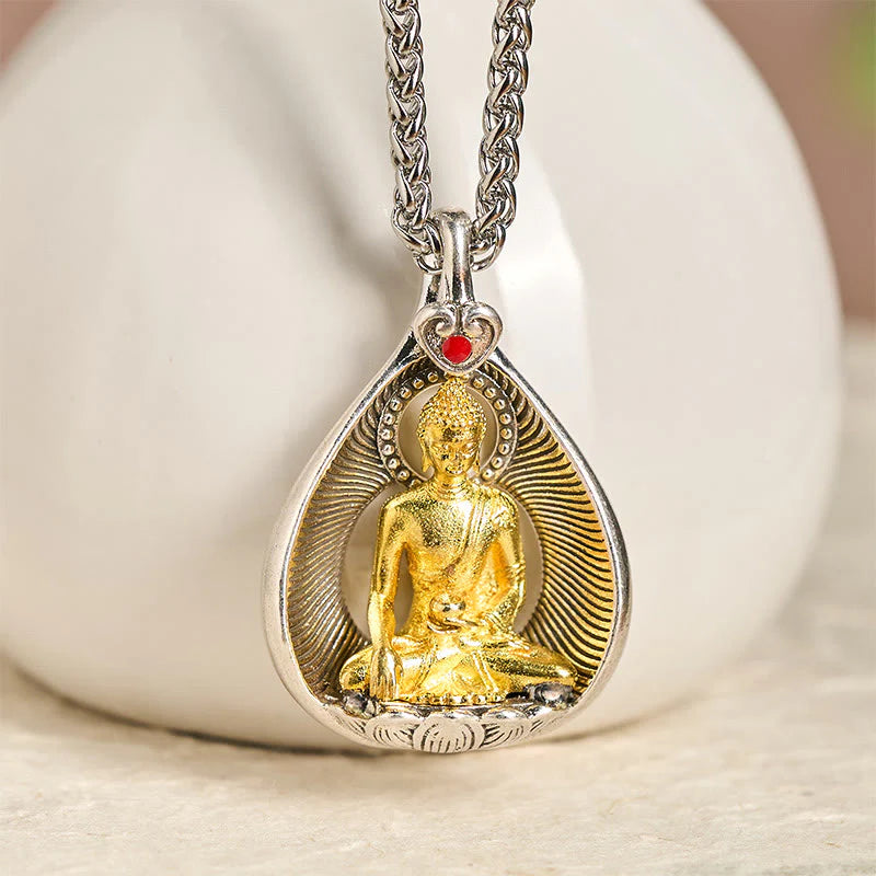 Buddha Stones Green Tara Shakyamuni Buddha Copper Plated Silver Curb Chain Luck Pendant Necklace