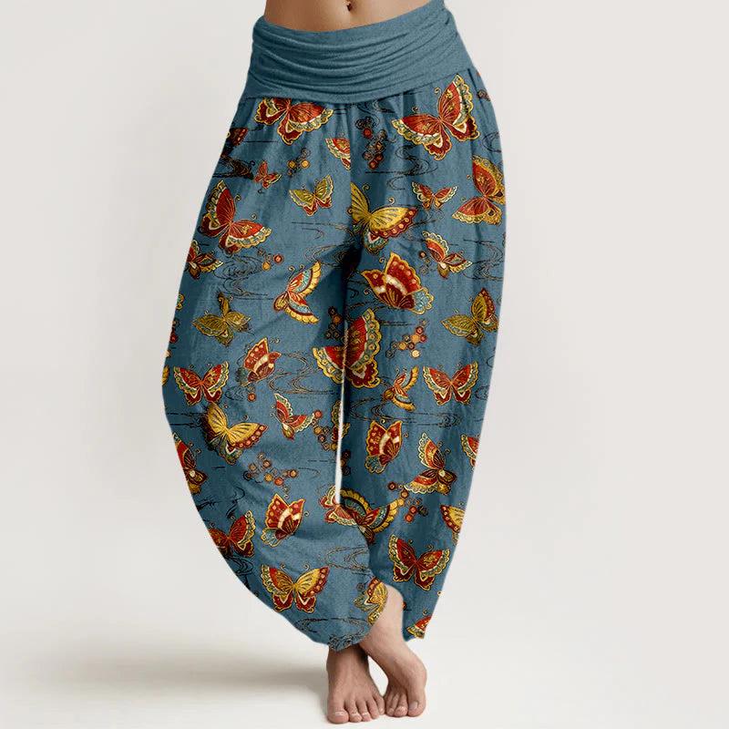 Buddha Stones Cotton Colorful Butterfly Pattern Women's Elastic Waist Harem Pants