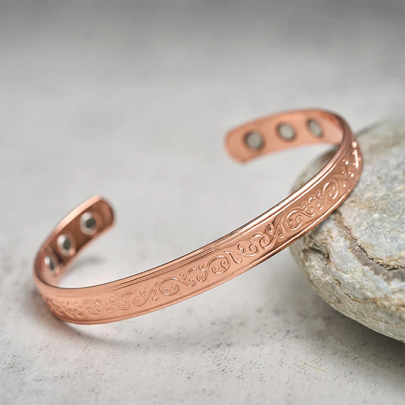 Buddha Stones Engraved Patterned Copper Balance Open Cuff Bracelet Bangle