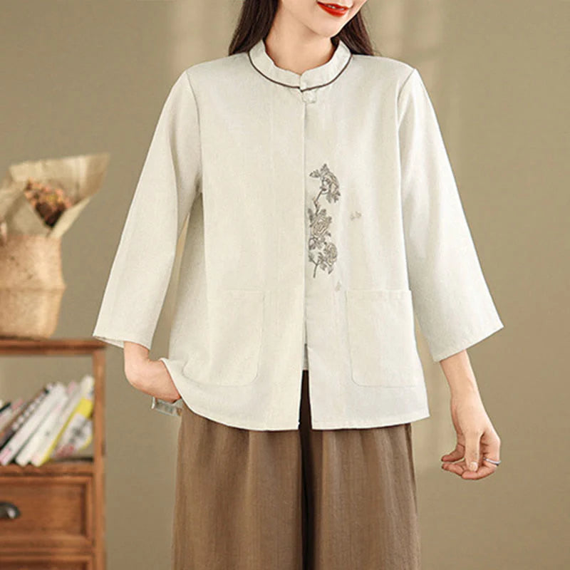 Buddha Stones Commute Embroidery Floral Pattern Three Quarter Sleeve Women's Cotton Shirt With Pockets