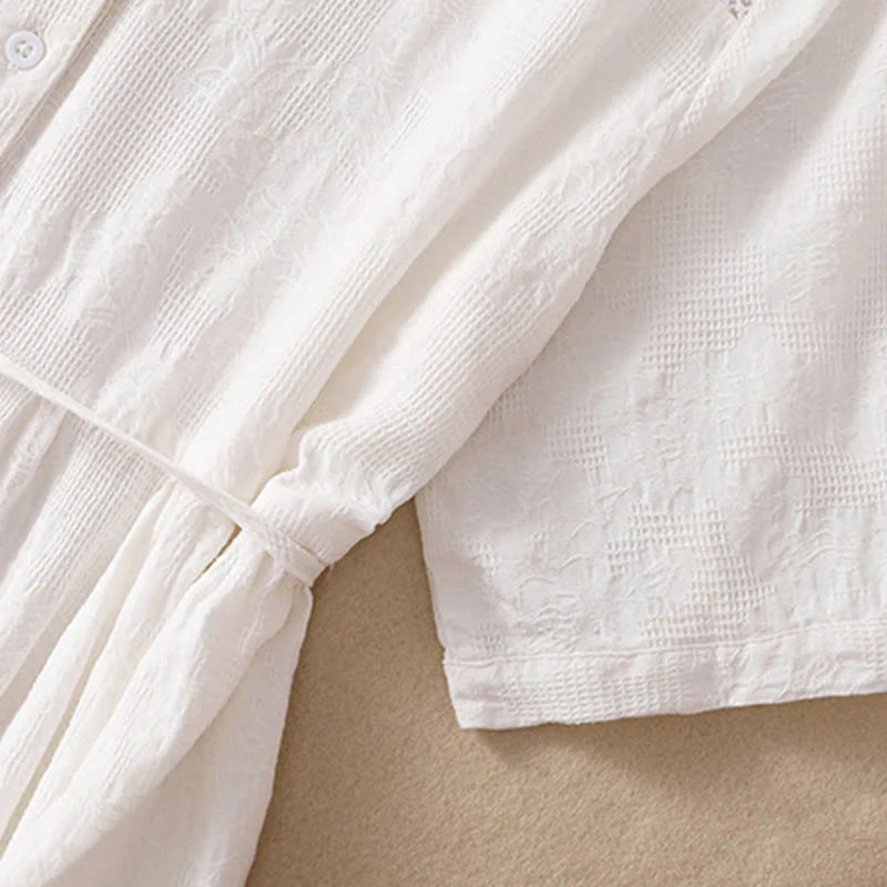 Buddha Stones Summer Plain Hollow Jacquard Design Cotton Short Sleeve Midi Dress With Pockets