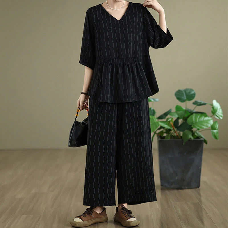 Buddha Stones 2pcs Striped Pattern Short Sleeve Shirt Polyester 7 Length Harem Pants Set With Pocket