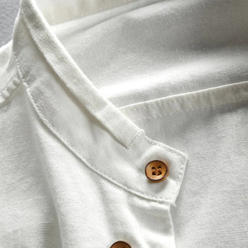 Buddha Stones Men's Slim Fit Design Stand Collar Crew Neck Long Sleeve Cotton Linen Shirt