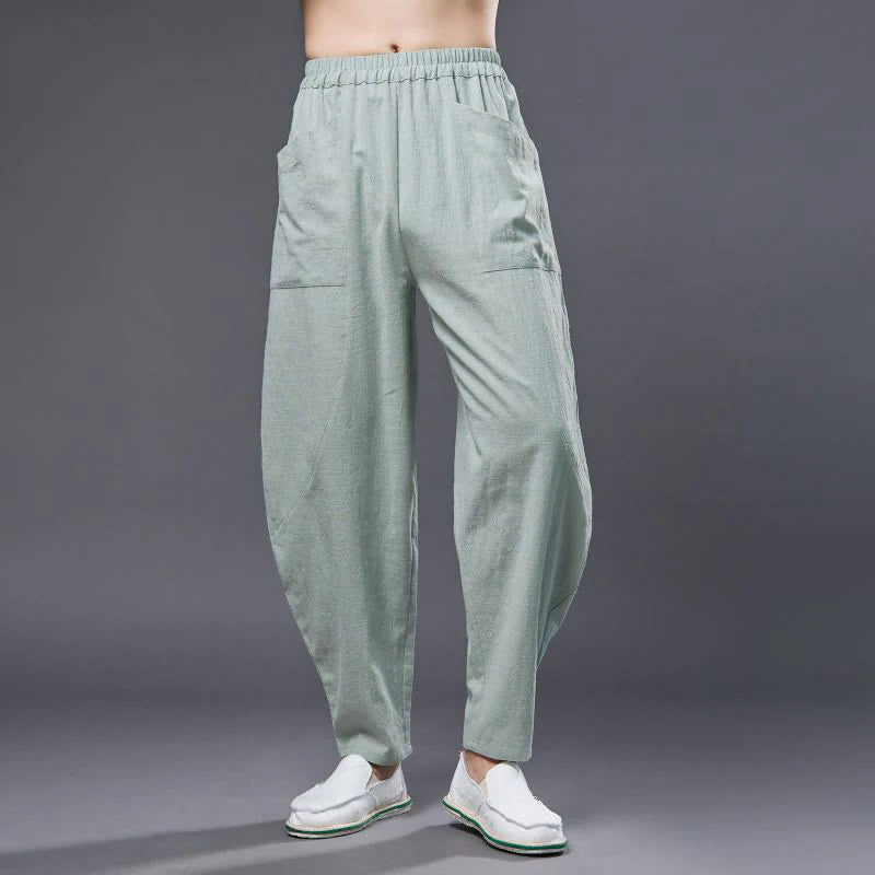 Buddha Stones Solid Color Cotton Ramie Linen Men's Elastic Waist Harem Pants With Pockets