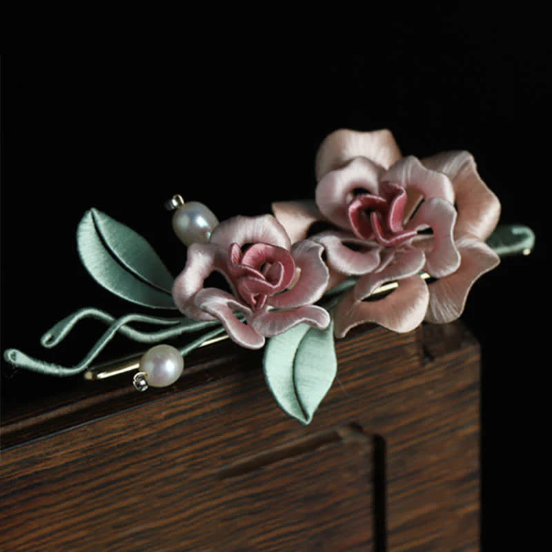 Buddha Stones Handcrafted Silk Art Twin Rose Flower Blessing Harmony Brooch