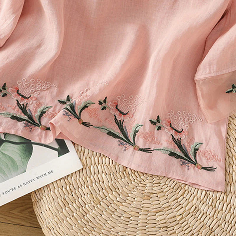 Buddha Stones Casual Floral Embroidery Crew Neck Women's Frog-Button Polyester Half Sleeve Shirt