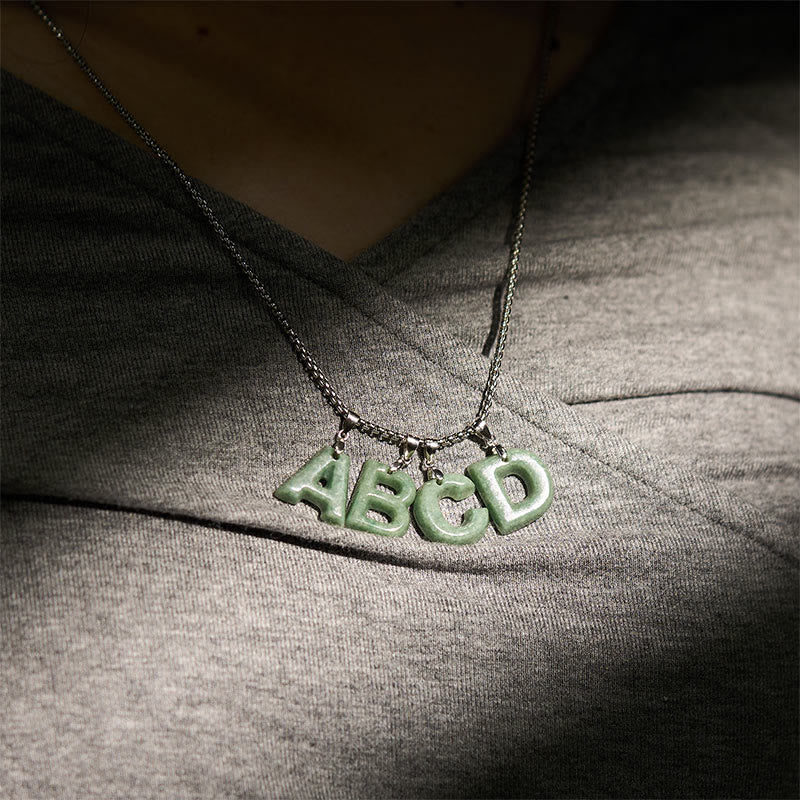 Buddha Stones Natural A-Z Letter Jade Titanium Steel Wide Chain Prosperity Necklace Pendant