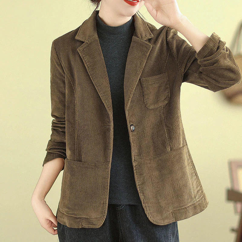 Buddha Stones Retro Plain Women's Long Sleeve Corduroy Jacket With Pockets