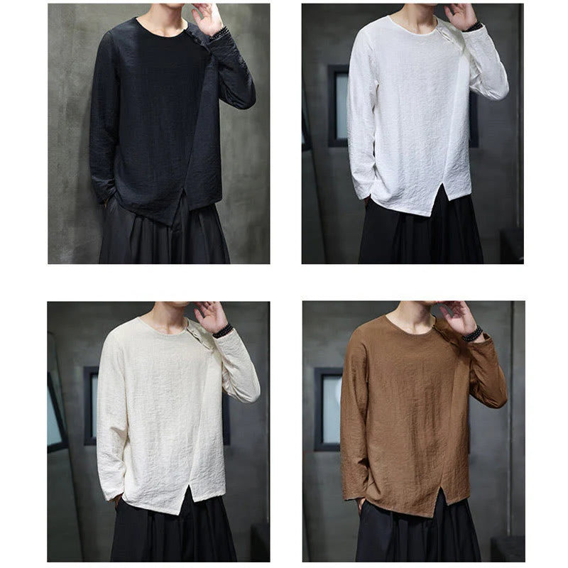 Buddha Stones Solid Color Loose Long Sleeve Round Neck Men's Shirts
