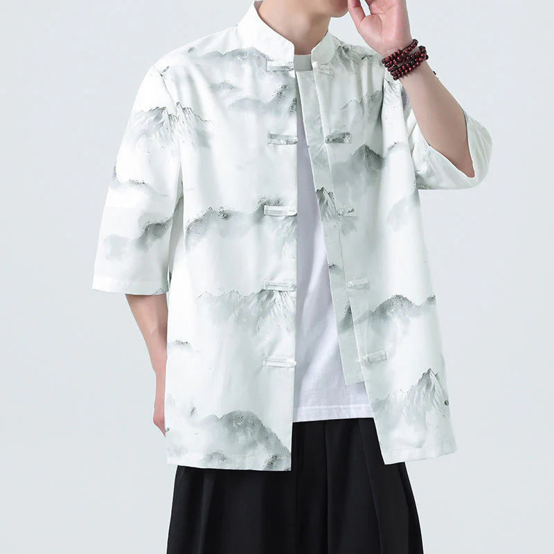 Buddha Stones Printing Chinese Ink Landscape Pattern Men's Frog-button Half Sleeve Shirts