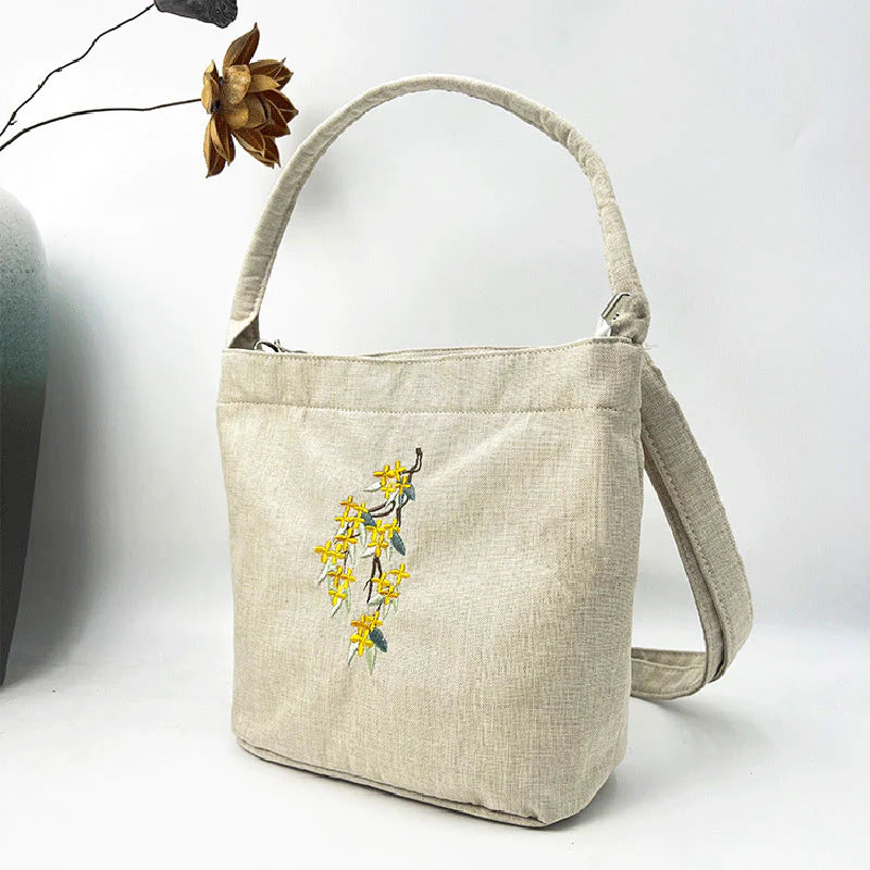Buddha Stones Embroidery Wisteria Plum Lotus Cherry Blossom Cotton Linen Canvas Tote Crossbody Bag Shoulder Bag Handbag