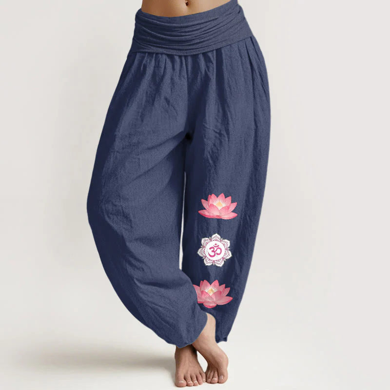 Buddha Stones Cotton Om Lotus Flower Pattern Women's Elastic Waist Harem Pants