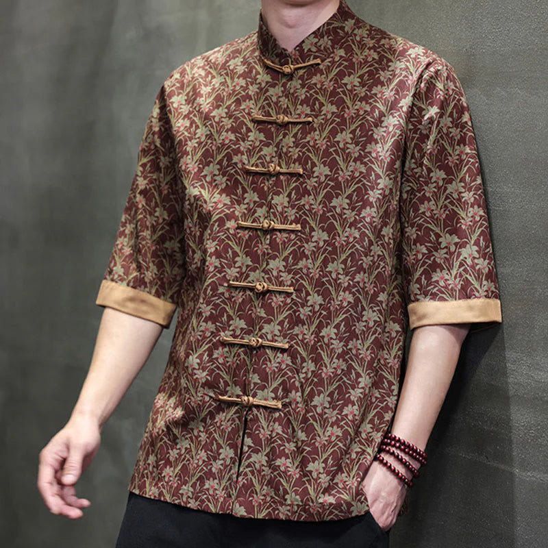 Buddha Stones Summer Colorful Floral Leaves Pattern Short Sleeve Frog-button Design Men's Cotton Shirt
