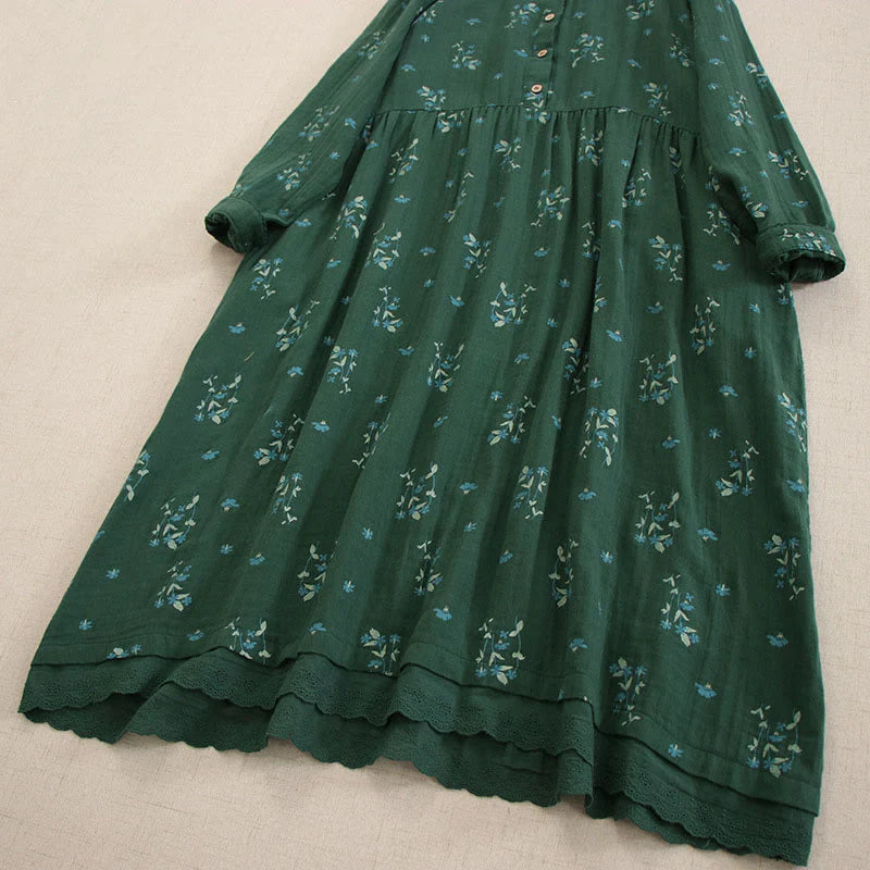 Buddha Stones Spring Small Floral Print Buttons Design Crew Neck Long Sleeve Midi Dress With Pockets