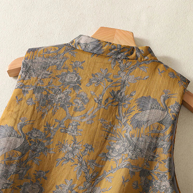 Buddha Stones Crane Flowers Branches Frog-Button Pattern Cotton Women's Sleeveless Vest Waistcoat