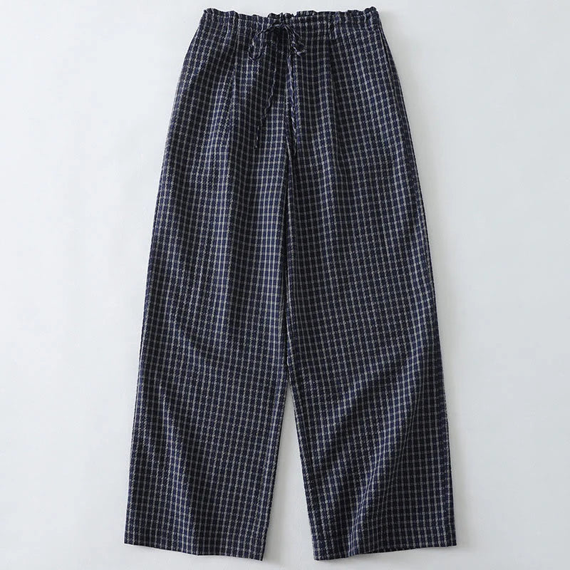 Buddha Stones Casual Plaid Pattern Women's Cotton Wide Leg Pants With Pockets